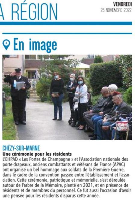 Article l'Union, cérémonie du 17.11.2022 - Ehpad Chézy sur Marne