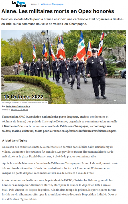 Article pays briard -  cérémonie - 15 10 2022 hommage opex - vallees en champagne