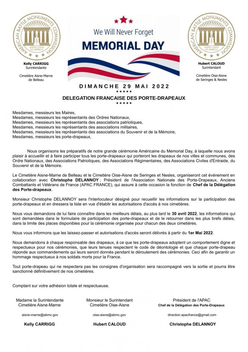 Courrier annonce memorial day 2022