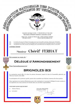 Diplome Cherif FERHAT, Délégué APAC - Arrondst Brignoles (83)