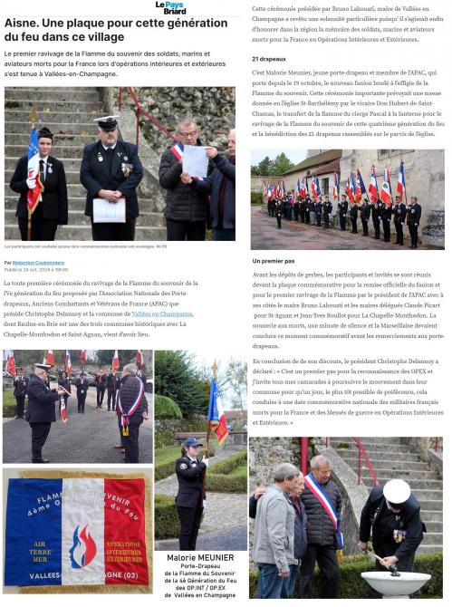 article de presse - hommage OPINT / OPEX & ravivage Flamme du Souvenir 4è Génération du Feu - Vallées en Champagne(02)