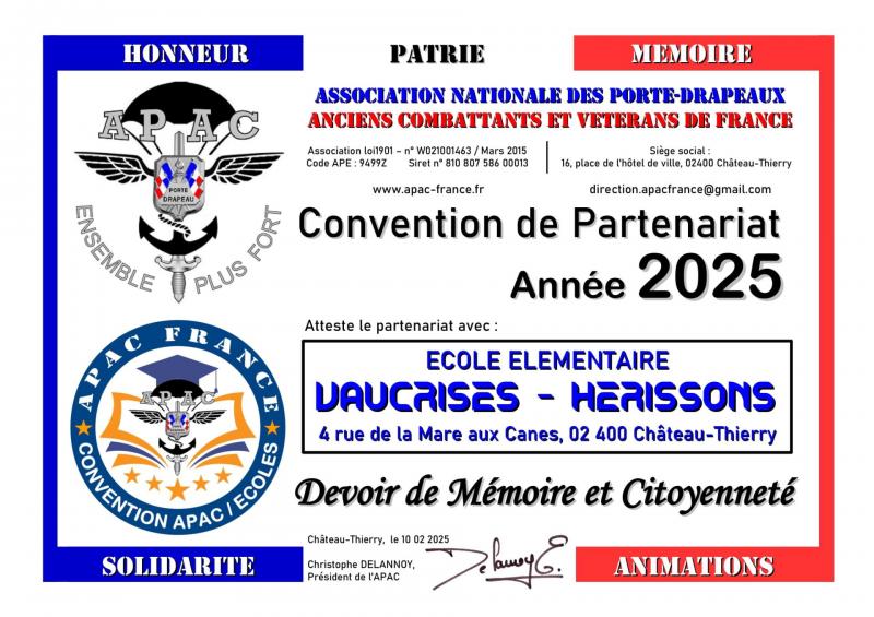 Certificat de partenariat apac 2025 ecole vaucrises herissons chthy 1