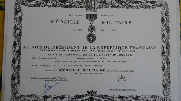 Maurice TATARYN - Diplôme Médaille Militaire